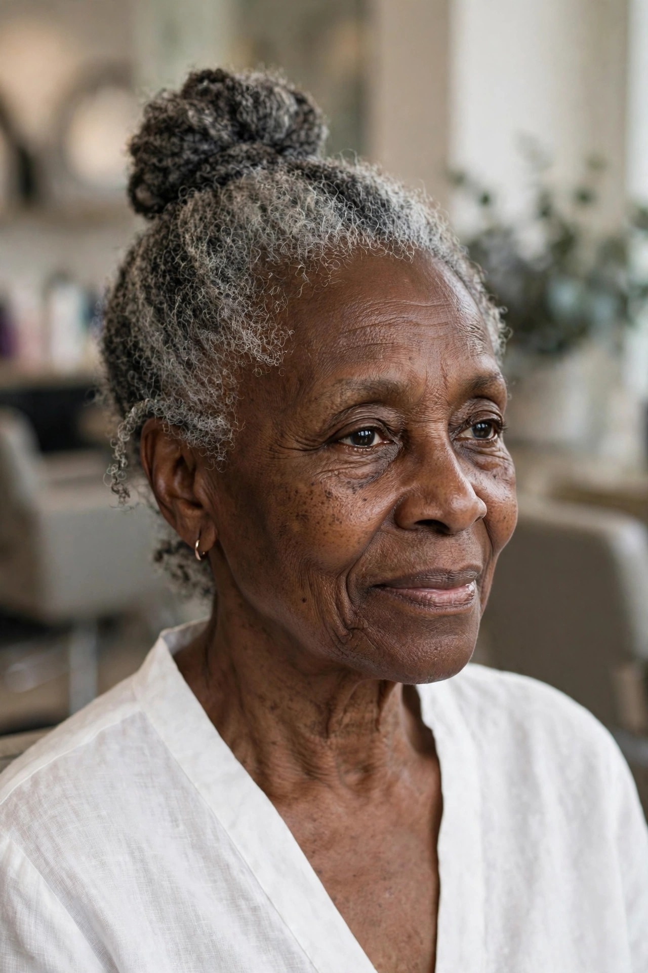 Gray Natural Top Knot Bun - natural hairstyle on a Black woman over 60 with gray hair