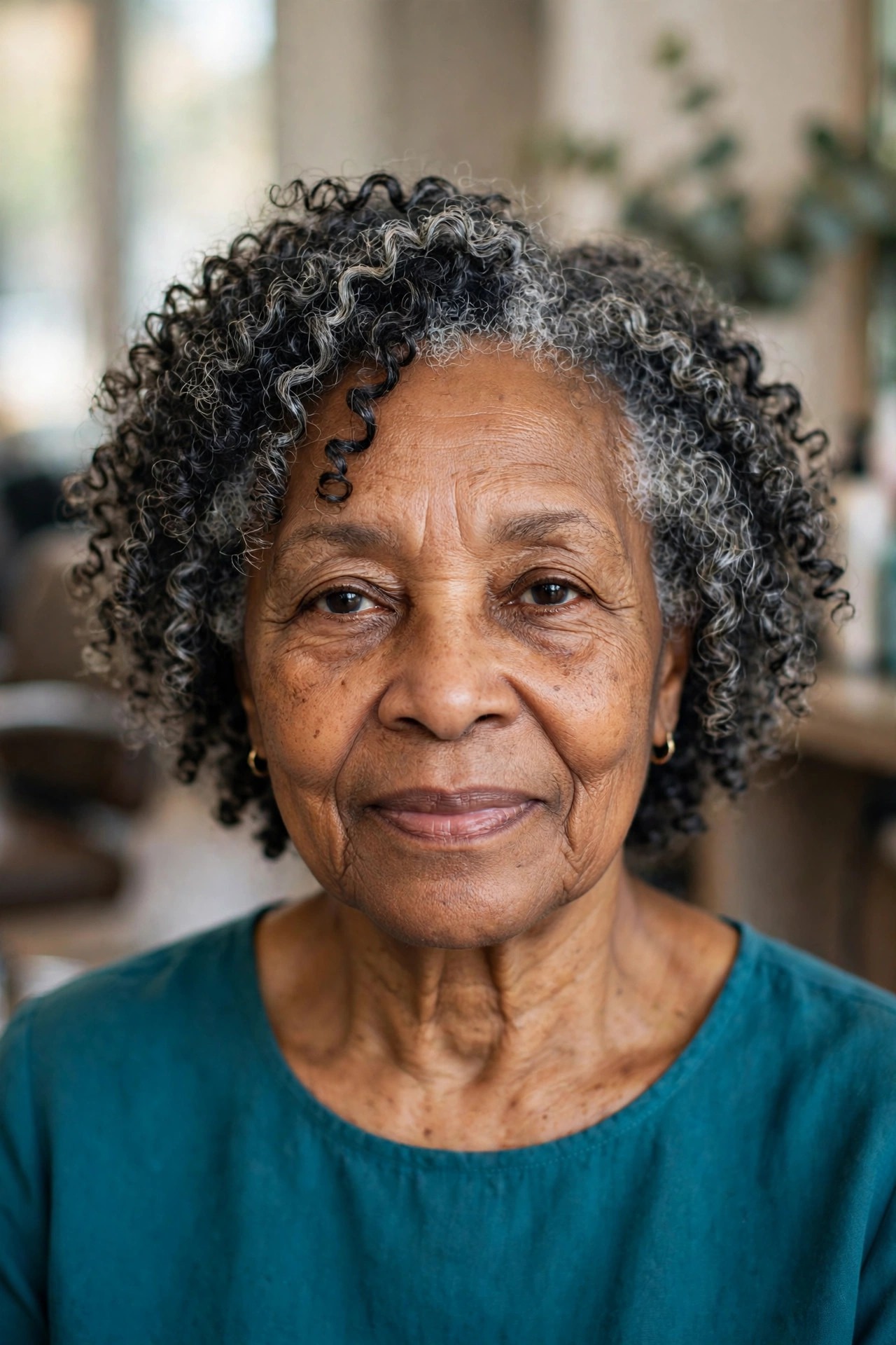 Salt-and-Pepper Wash-and-Go Curls - natural hairstyle on a Black woman over 60 with gray hair