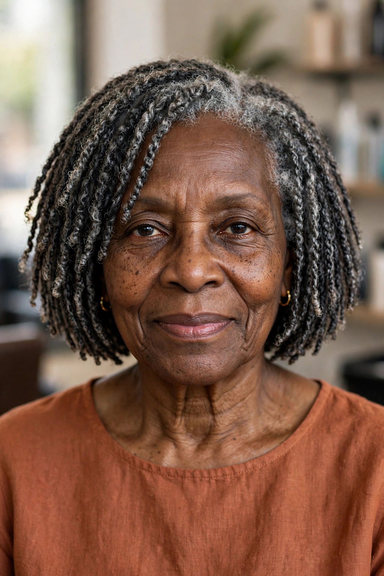 Salt-and-Pepper Mini Twists Bob - natural hairstyle on a Black woman over 60 with gray hair