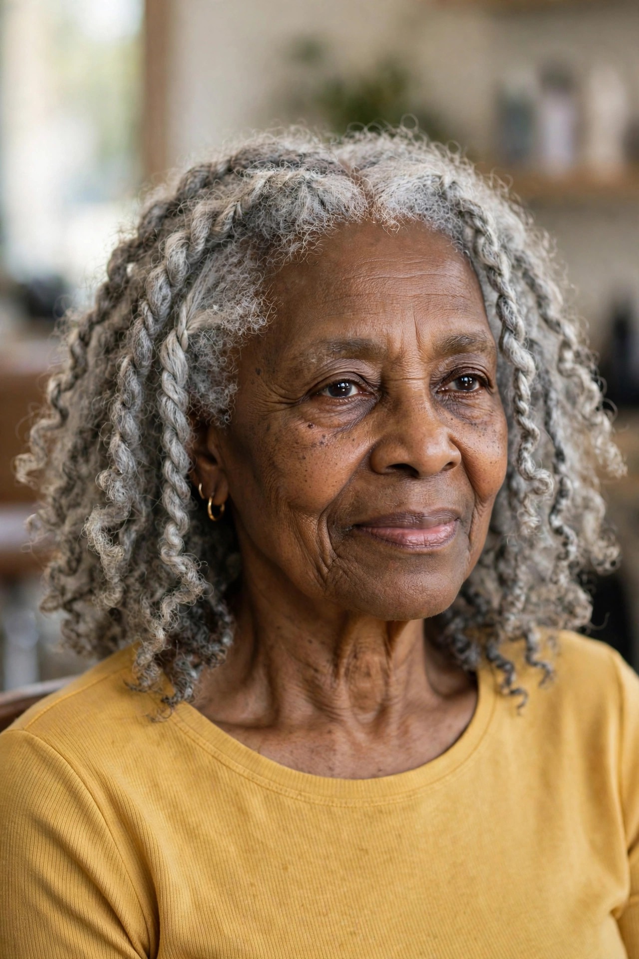 Silver Twist Curls with Soft Definition - natural hairstyle on a Black woman over 60 with gray hair