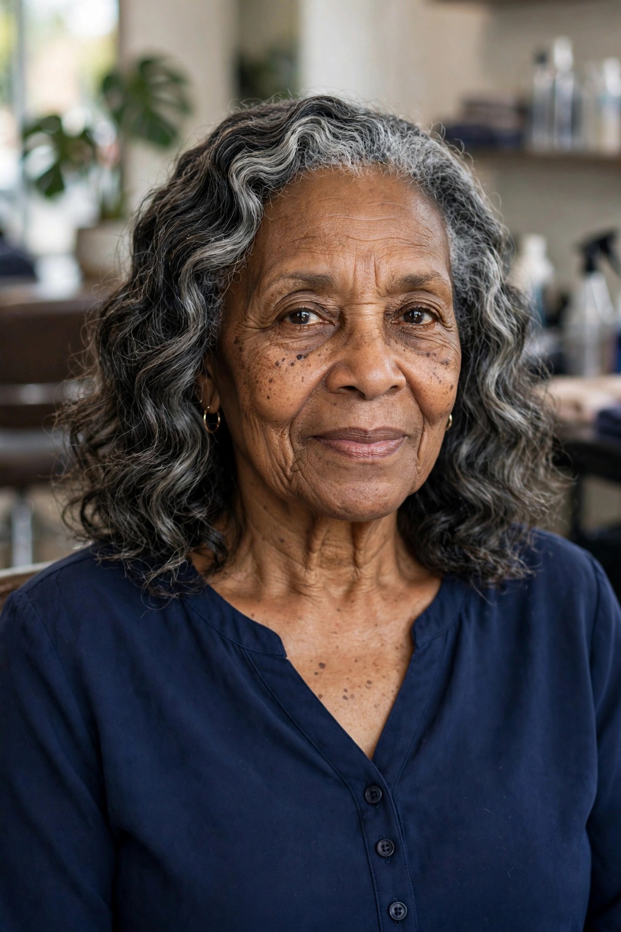 Gray Braid-Out with Soft Waves - natural hairstyle on a Black woman over 60 with gray hair
