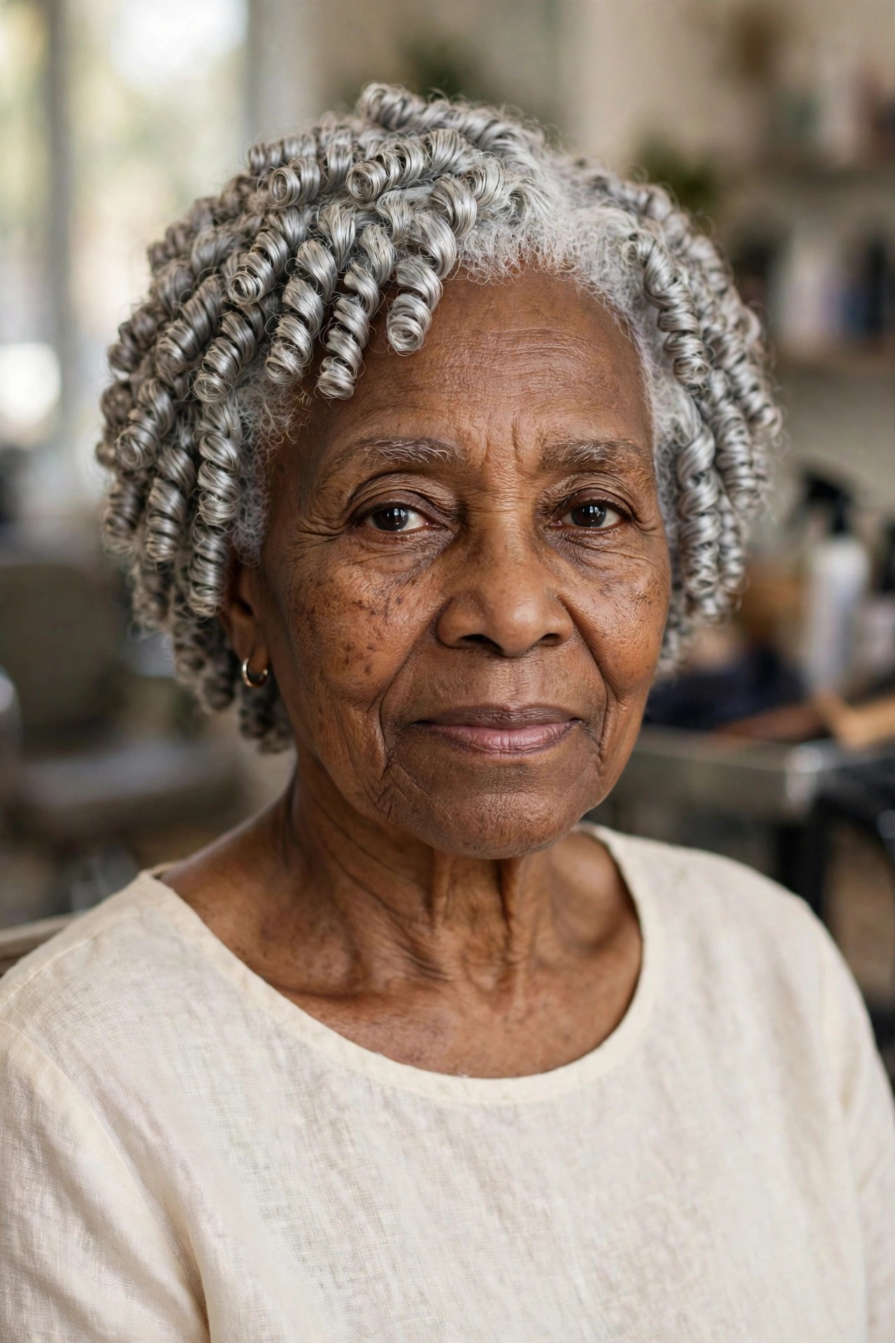 Silver Finger Coil Curls - natural hairstyle on a Black woman over 60 with gray hair