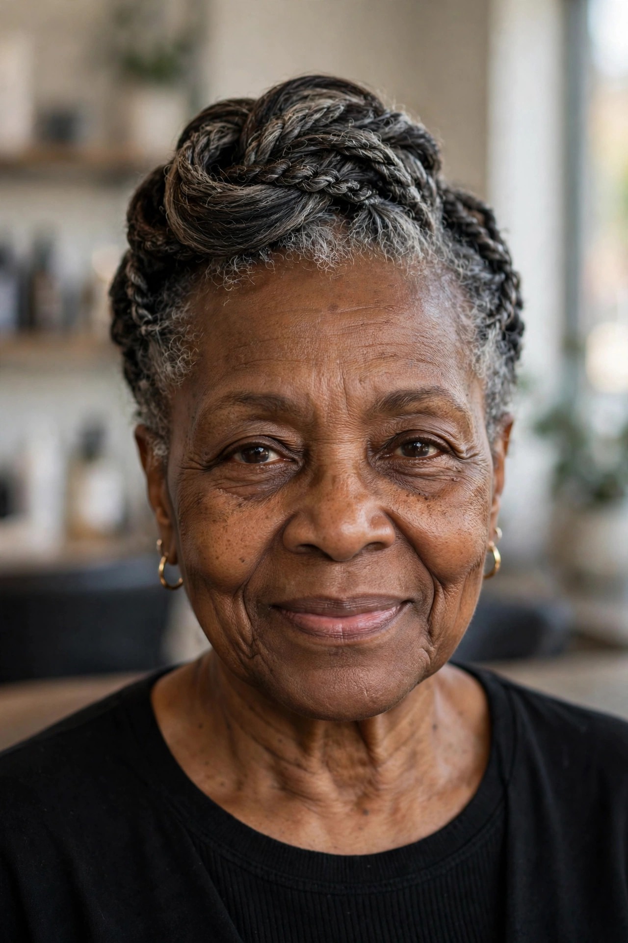 Elegant Flat Twist Updo - natural hairstyle on a Black woman over 60 with gray hair