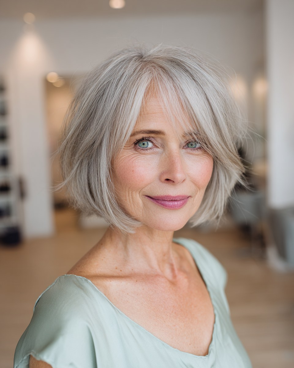 Woman over 70 with soft textured bob you manage entirely at home — easy-care hairstyle for women over 70