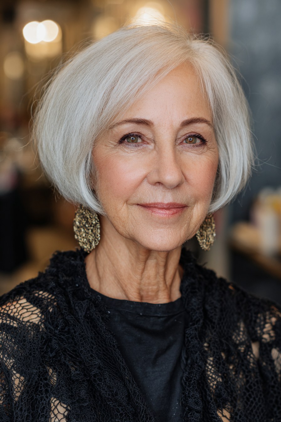 Woman over 70 with silver bob with soft, home-friendly layers — easy-care hairstyle for women over 70
