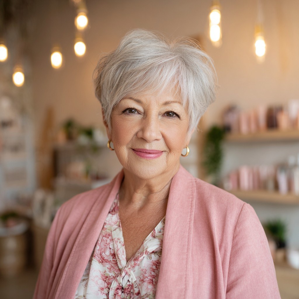 Woman over 70 with natural crop for black hair with silver strands — easy-care hairstyle for women over 70