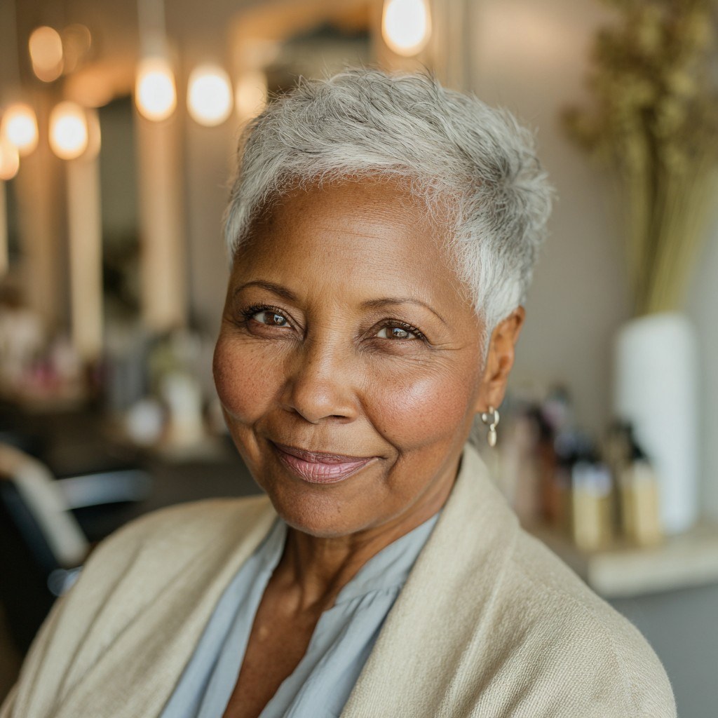 Woman over 70 with bright white pixie with lift you finger-style — easy-care hairstyle for women over 70