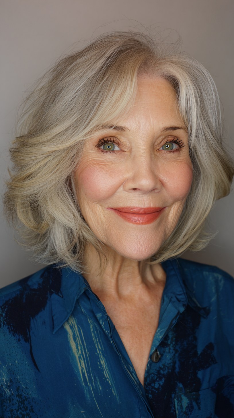 Woman over 70 with smooth crop with glasses-friendly sides — easy-care hairstyle for women over 70