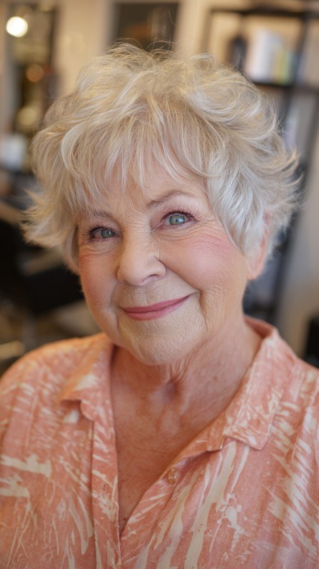 Woman over 70 with short cut with a fringe that softens everything — easy-care hairstyle for women over 70