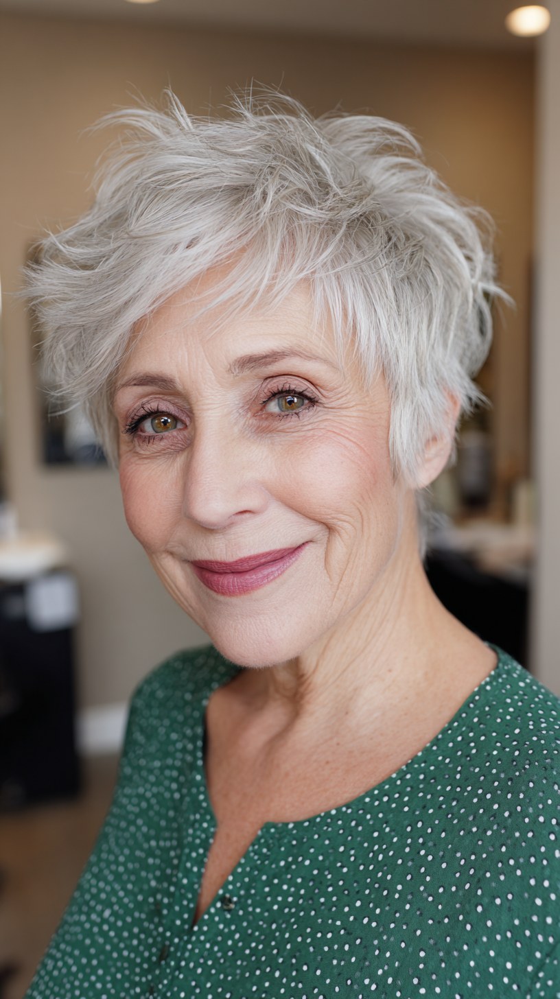 Woman over 70 with classic bob with a fringe and easy edges — easy-care hairstyle for women over 70