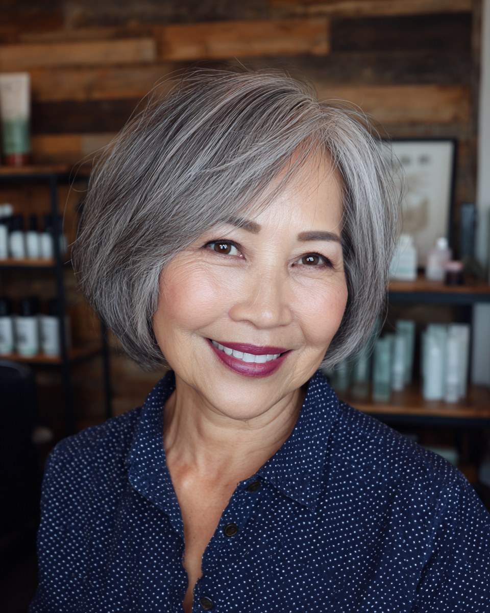 Woman over 70 with short crop with a fringe that trims easily — easy-care hairstyle for women over 70