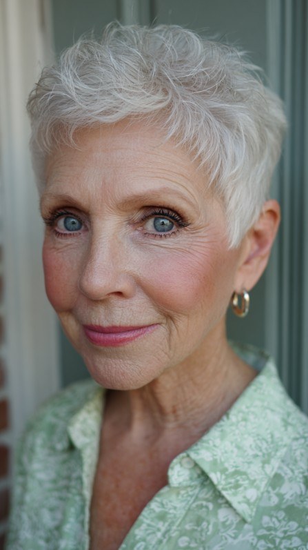 Woman over 70 with simple crop that suits a tender scalp — easy-care hairstyle for women over 70