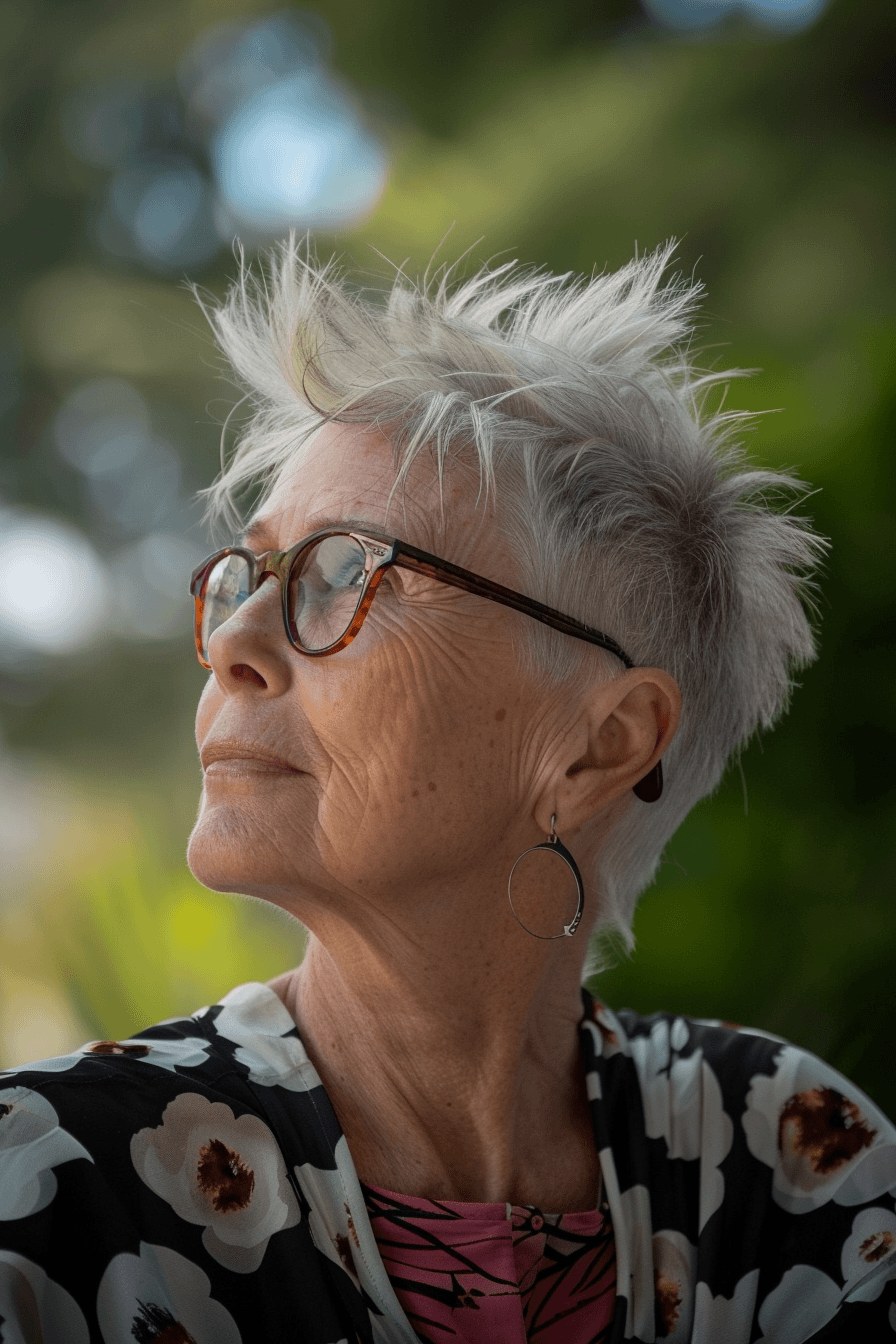 Woman over 70 with short style you can tidy with kitchen-chair trims — easy-care hairstyle for women over 70