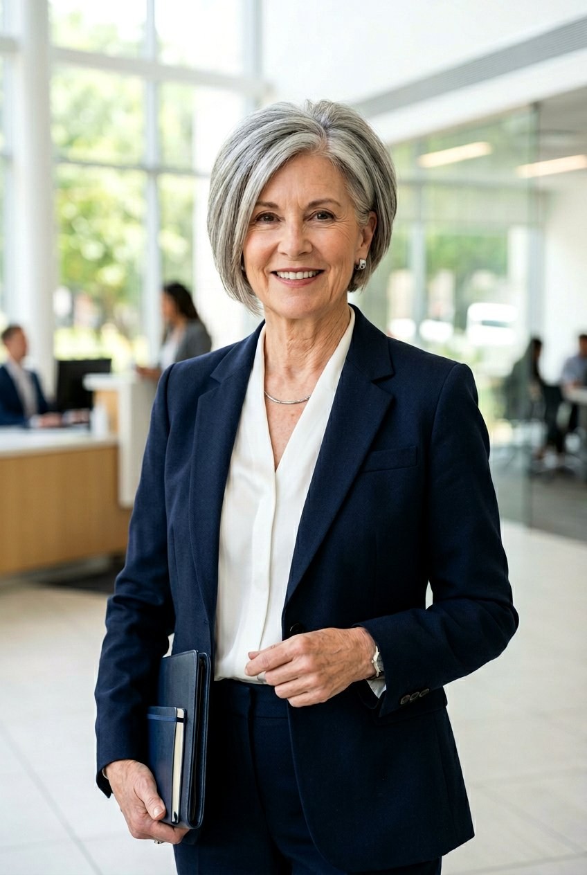 Woman over 70 with natural silver style with no daily tools — easy-care hairstyle for women over 70