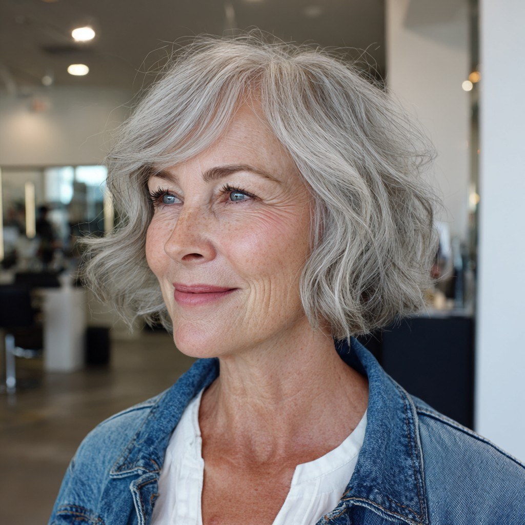 Woman over 70 with wavy bob that dries while you make tea — easy-care hairstyle for women over 70