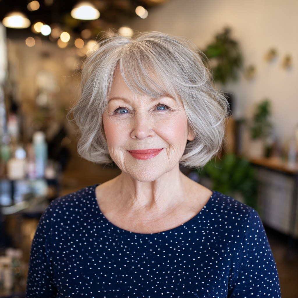 Woman over 70 with clean white crop with a simple outline — easy-care hairstyle for women over 70