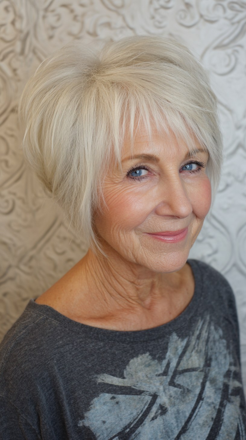 Woman over 70 with short layered cut with an easy neckline — easy-care hairstyle for women over 70
