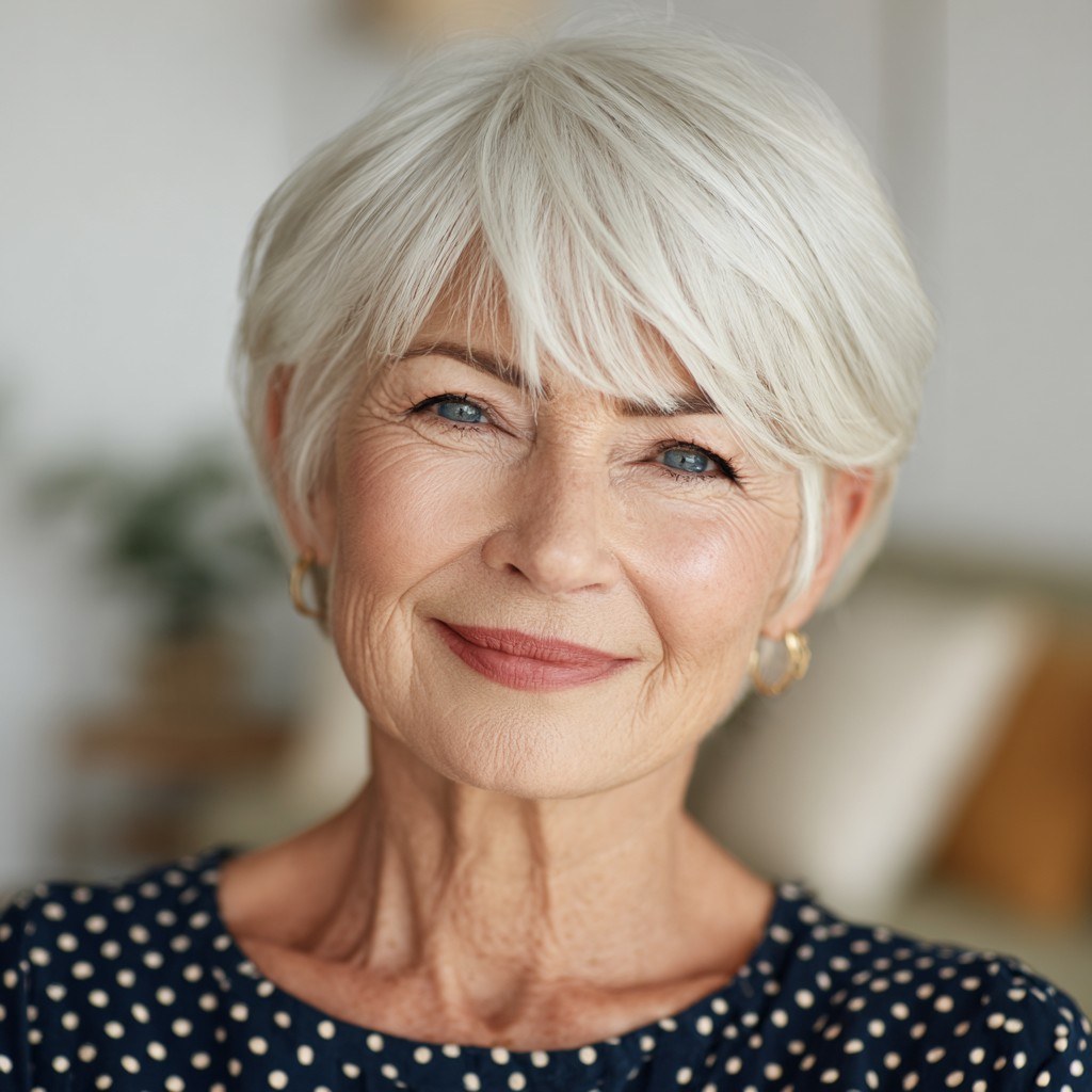 Woman over 70 with choppy pixie for confident home styling — easy-care hairstyle for women over 70