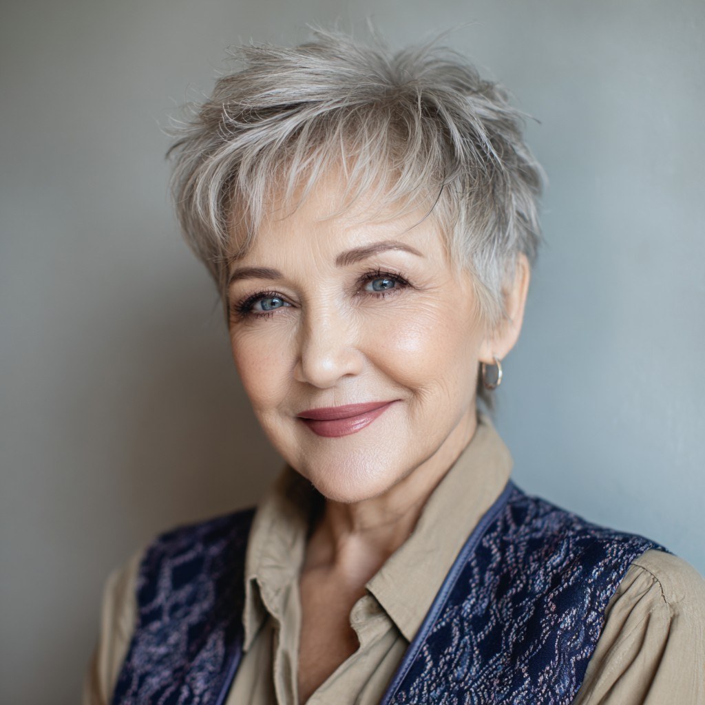 Woman over 70 with rounded bob that needs only a comb — easy-care hairstyle for women over 70