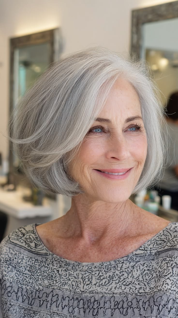 The Salon Bob With a Soft Sweep — flattering hairstyle for an oval face on a woman over 70