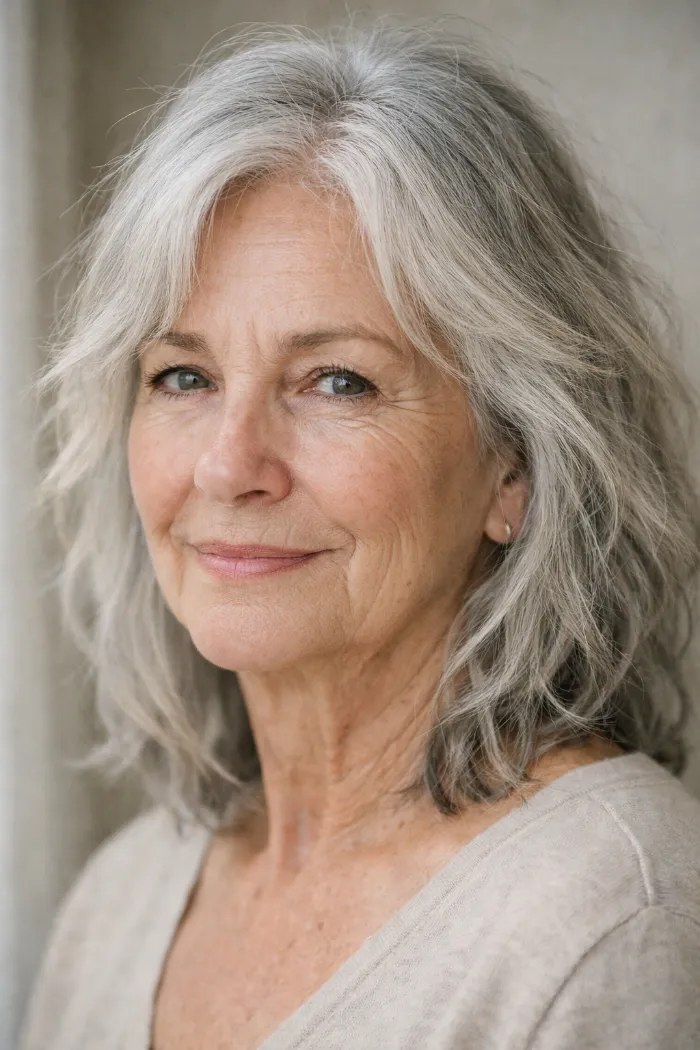 The Wavy Shoulder Cut With Natural Movement — flattering hairstyle for an oval face on a woman over 70