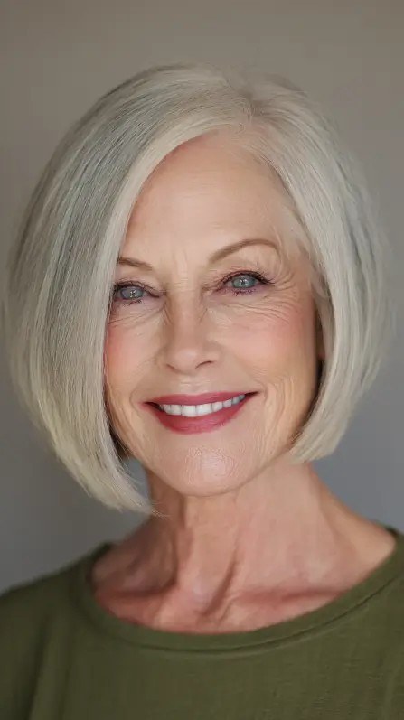 The White Bob With a Smooth, Full Outline — flattering hairstyle for an oval face on a woman over 70