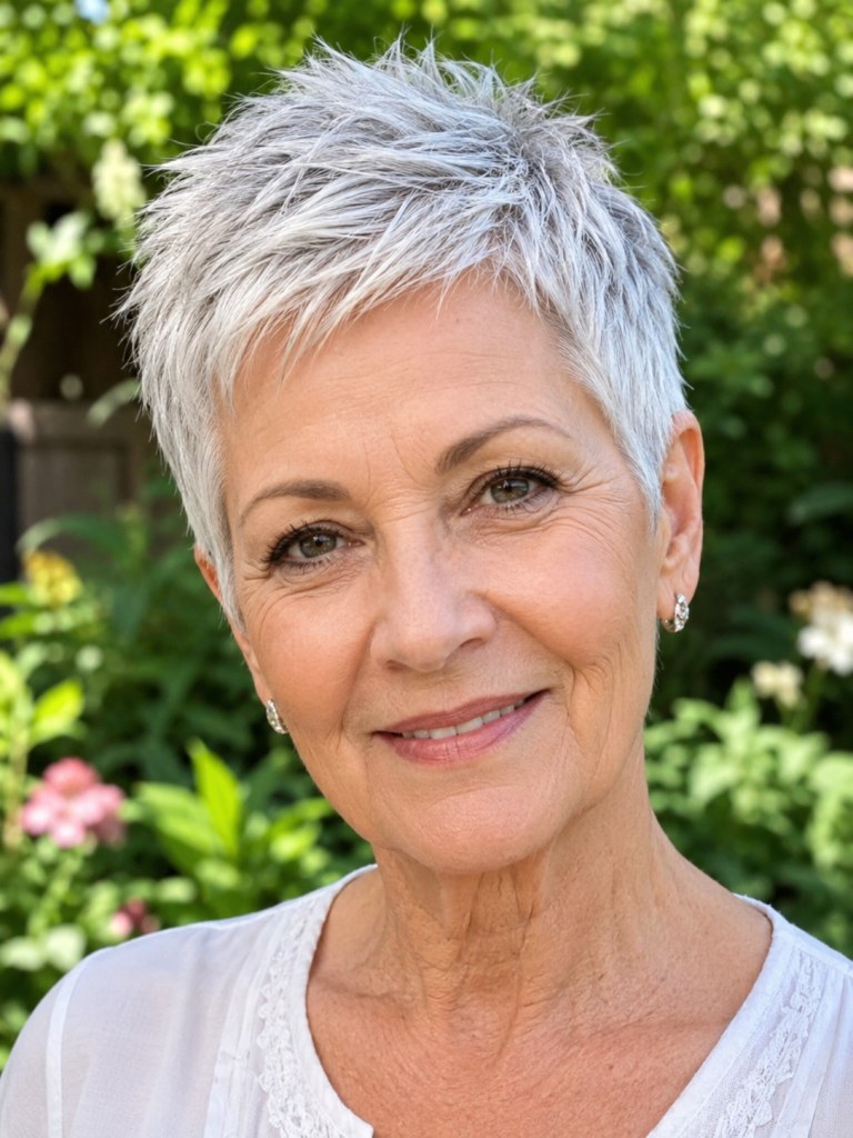 The White Pixie in the Garden — flattering hairstyle for an oval face on a woman over 70