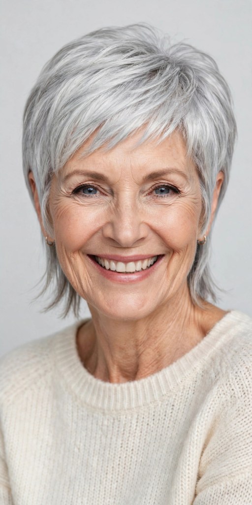 The Pixie-Bob With a Soft Fringe and a Big Smile — flattering hairstyle for an oval face on a woman over 70