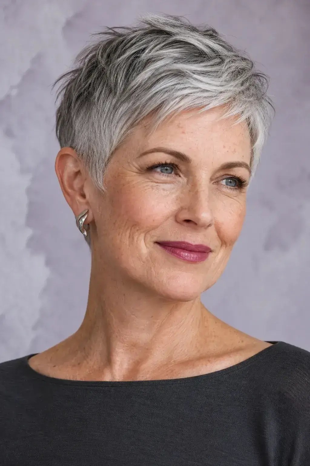 The Silver Pixie With a Side-Swept Top — flattering hairstyle for an oval face on a woman over 70