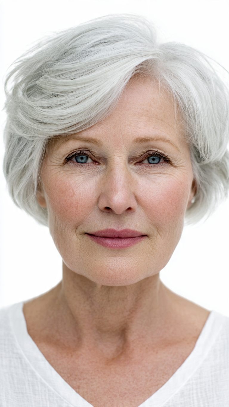 The Classic White Bob, Clean and Calm — flattering hairstyle for an oval face on a woman over 70