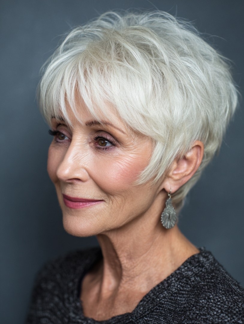 The White Textured Pixie-Bob — flattering hairstyle for an oval face on a woman over 70