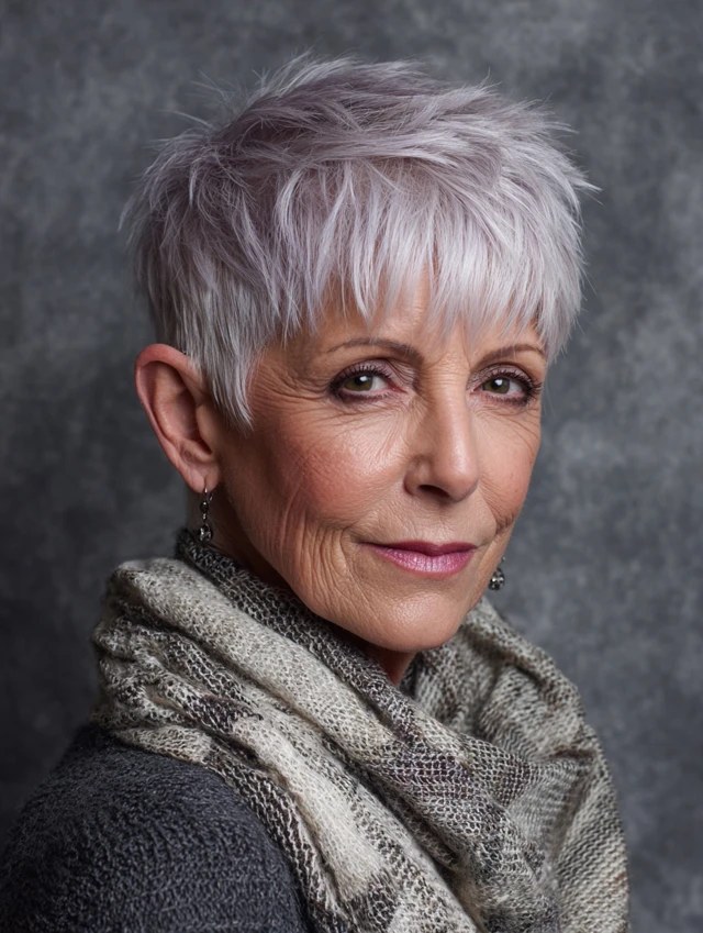 The Lavender-Gray Pixie With Soft Spikes — flattering hairstyle for an oval face on a woman over 70