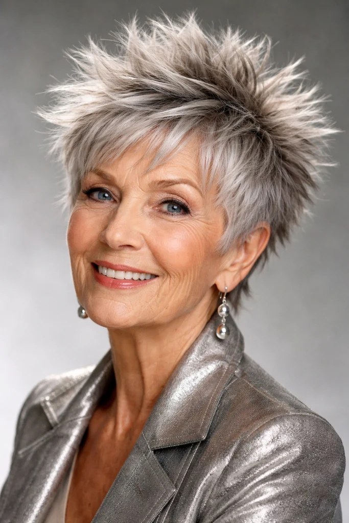 The Spiky Silver Pixie With Sparkle — flattering hairstyle for an oval face on a woman over 70