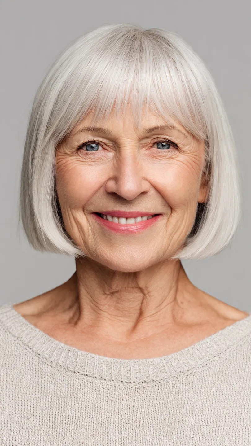 The White Bob With a Clean Fringe — flattering hairstyle for an oval face on a woman over 70