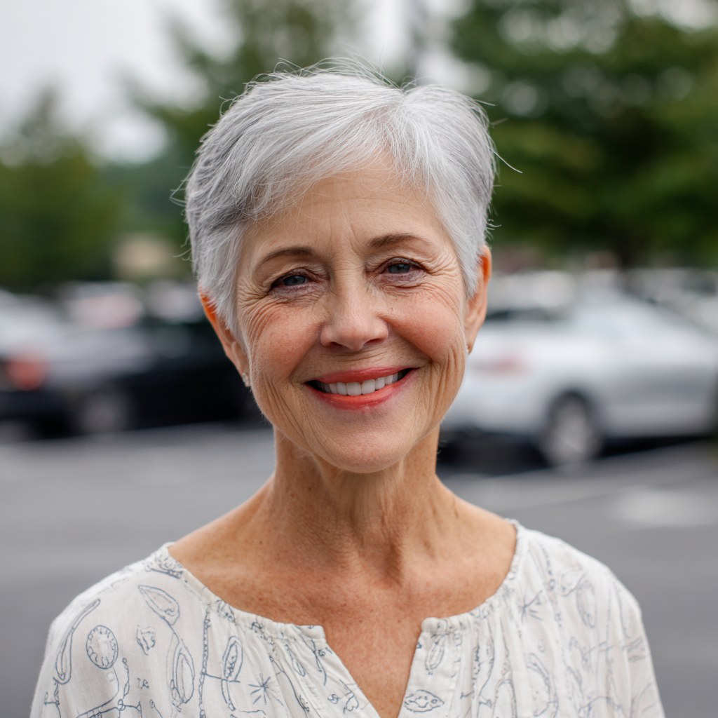 The Short White Crop, Outdoors and Easy — flattering hairstyle for an oval face on a woman over 70