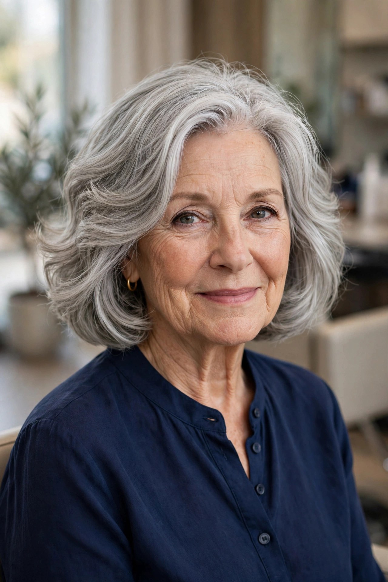 Soft body-wave perm bob on a woman over 60 with silver gray hair
