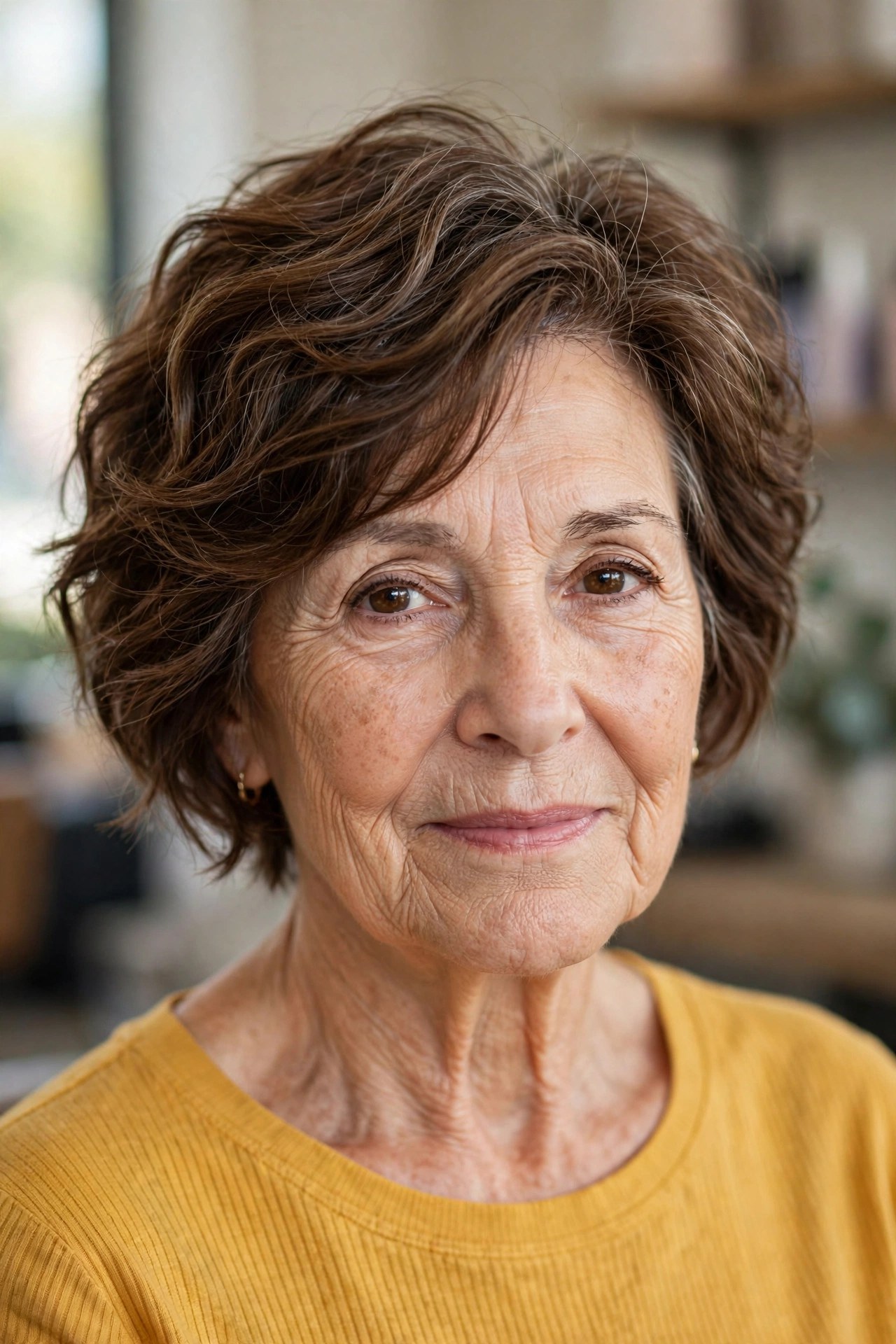 Tousled perm bixie haircut on a woman over 60 with chestnut brown hair