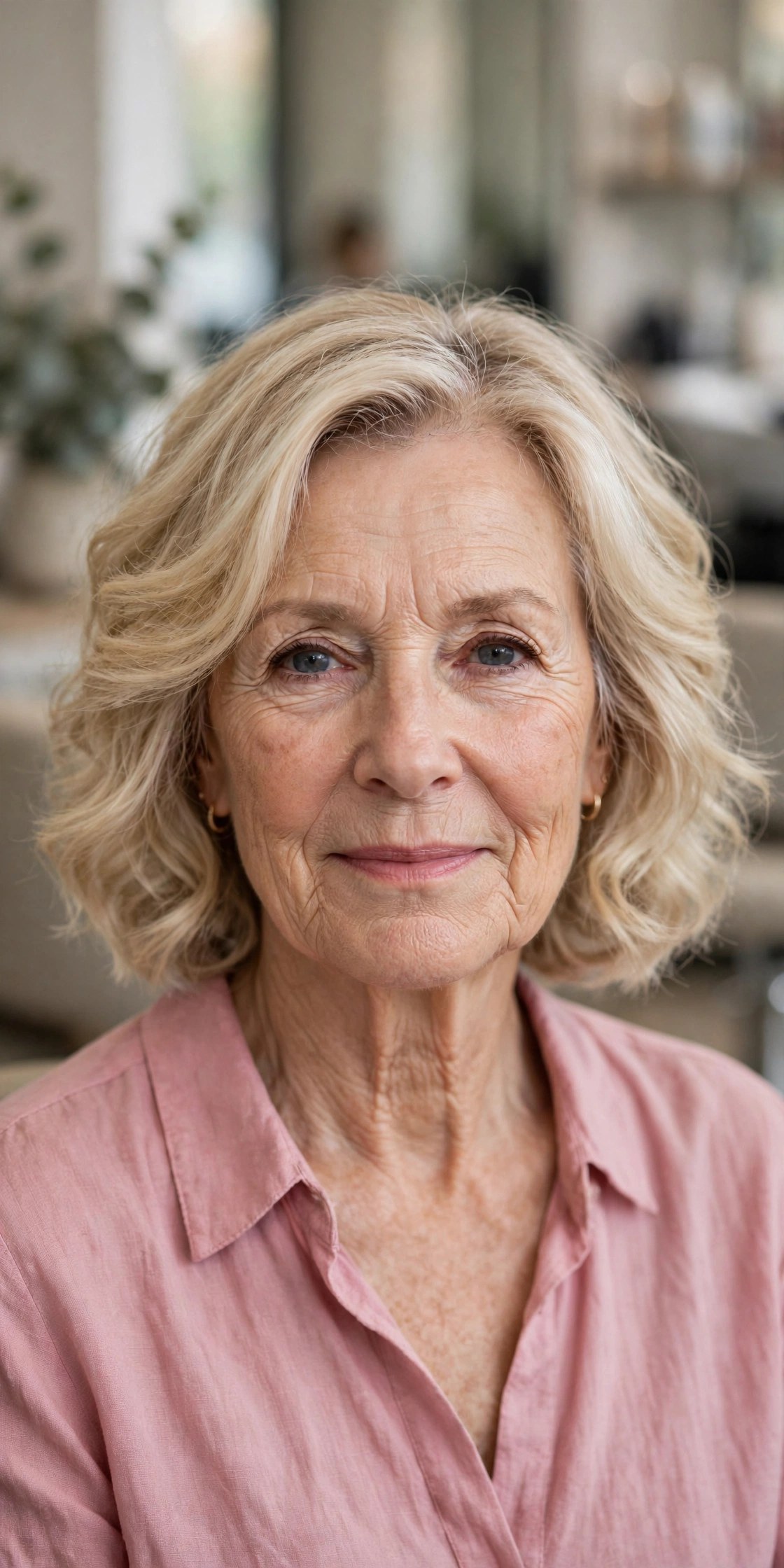 Gentle wave perm for fine hair on a woman over 60 with soft blonde hair