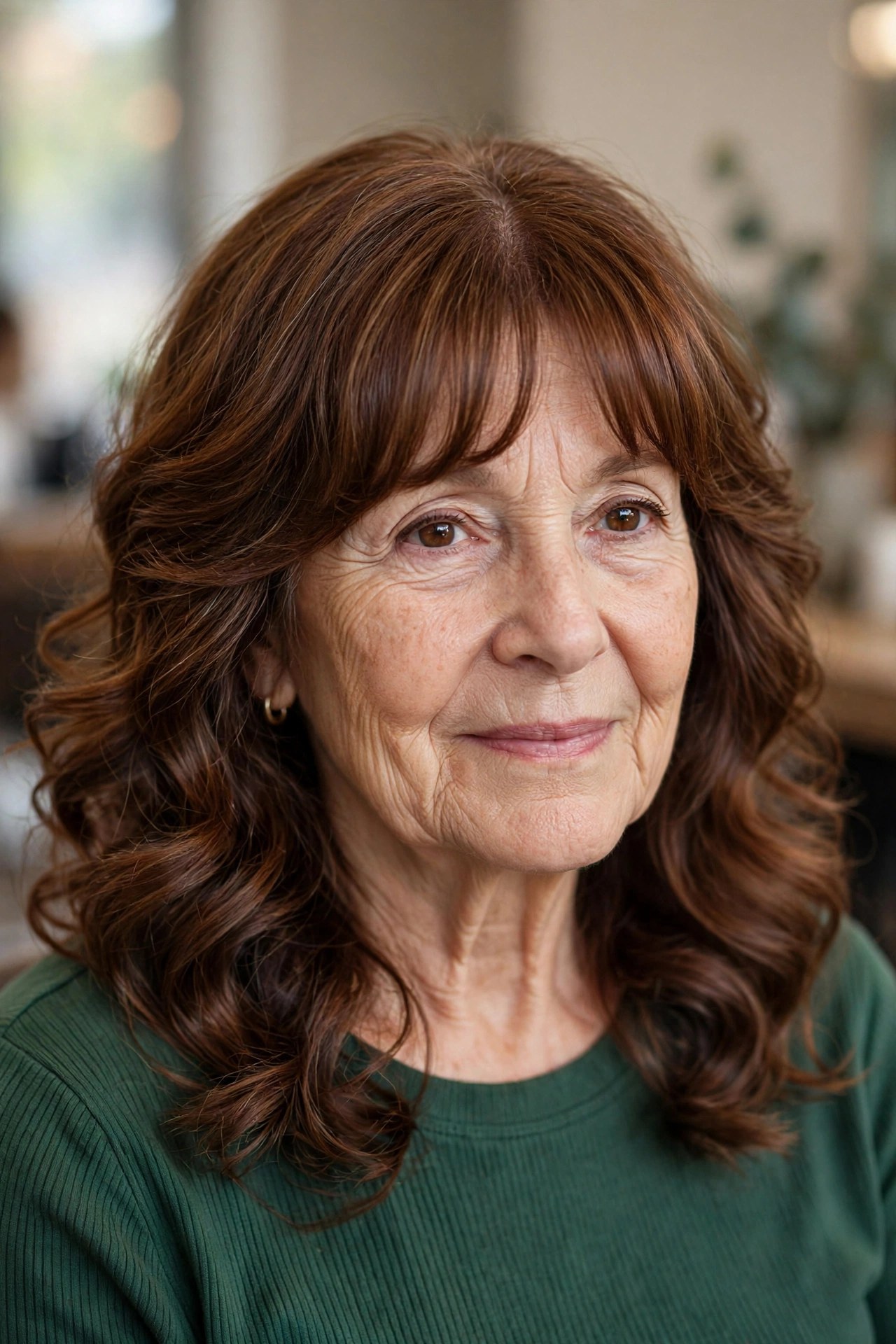 Medium perm with soft bangs on a woman over 60 with warm auburn hair