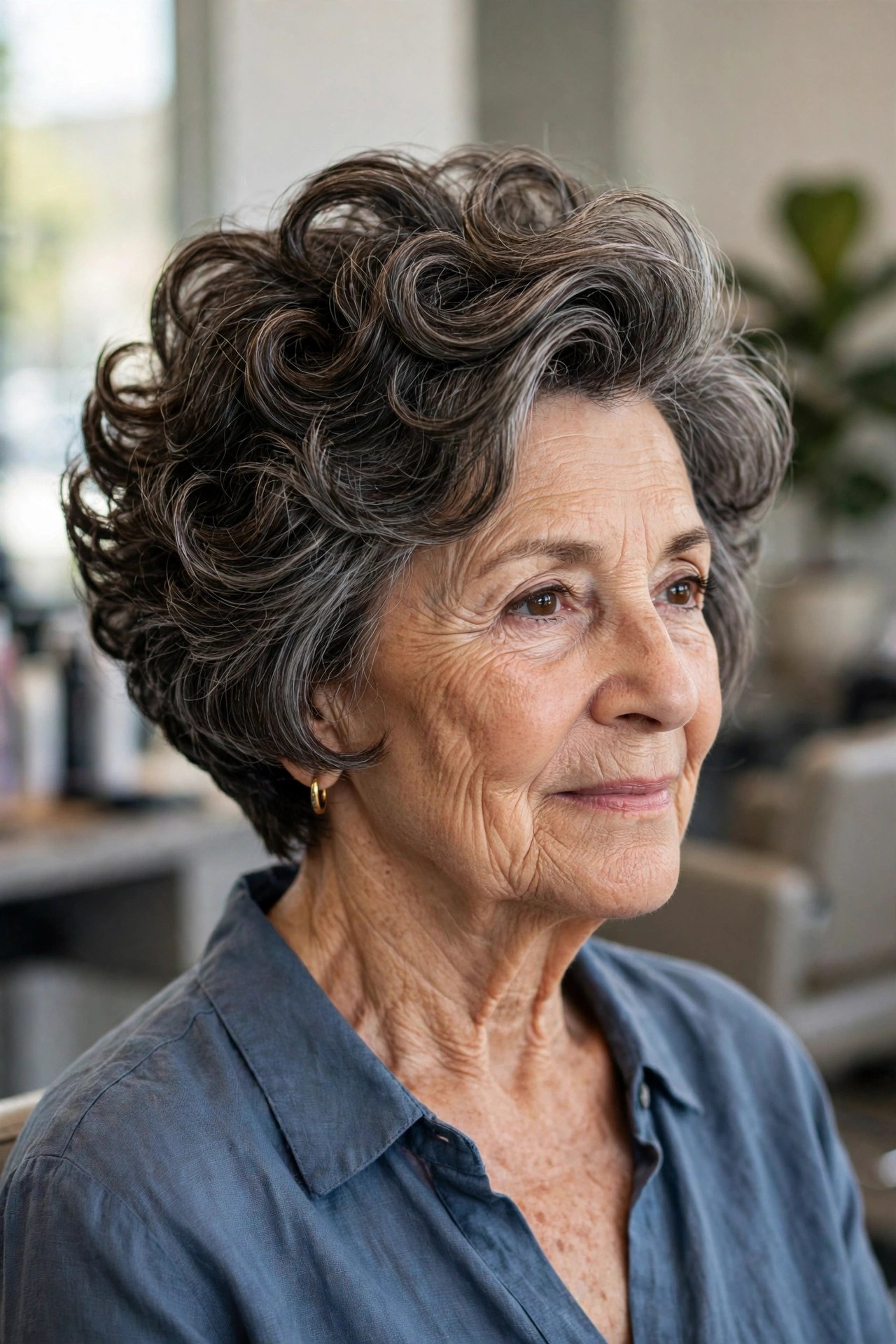Stacked perm bob with lifted nape on a woman over 60 with dark salt and pepper hair