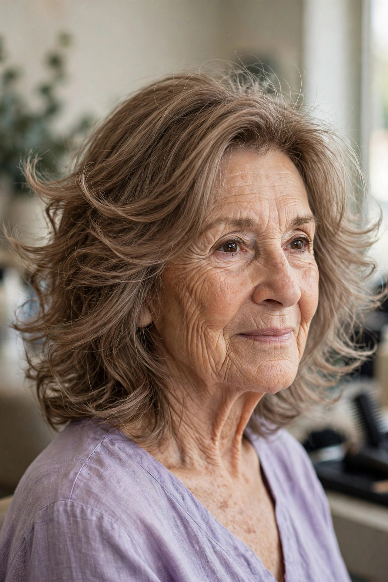 Airy layered perm with feathered ends on a woman over 60 with light ash brown hair