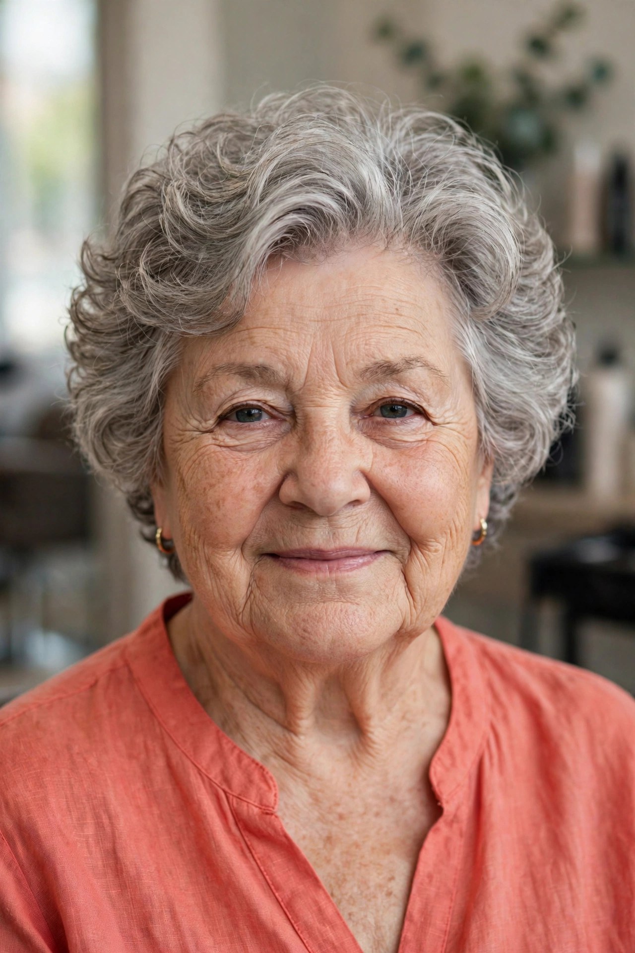 Soft perm crop for a round face on a woman over 60 with full gray hair