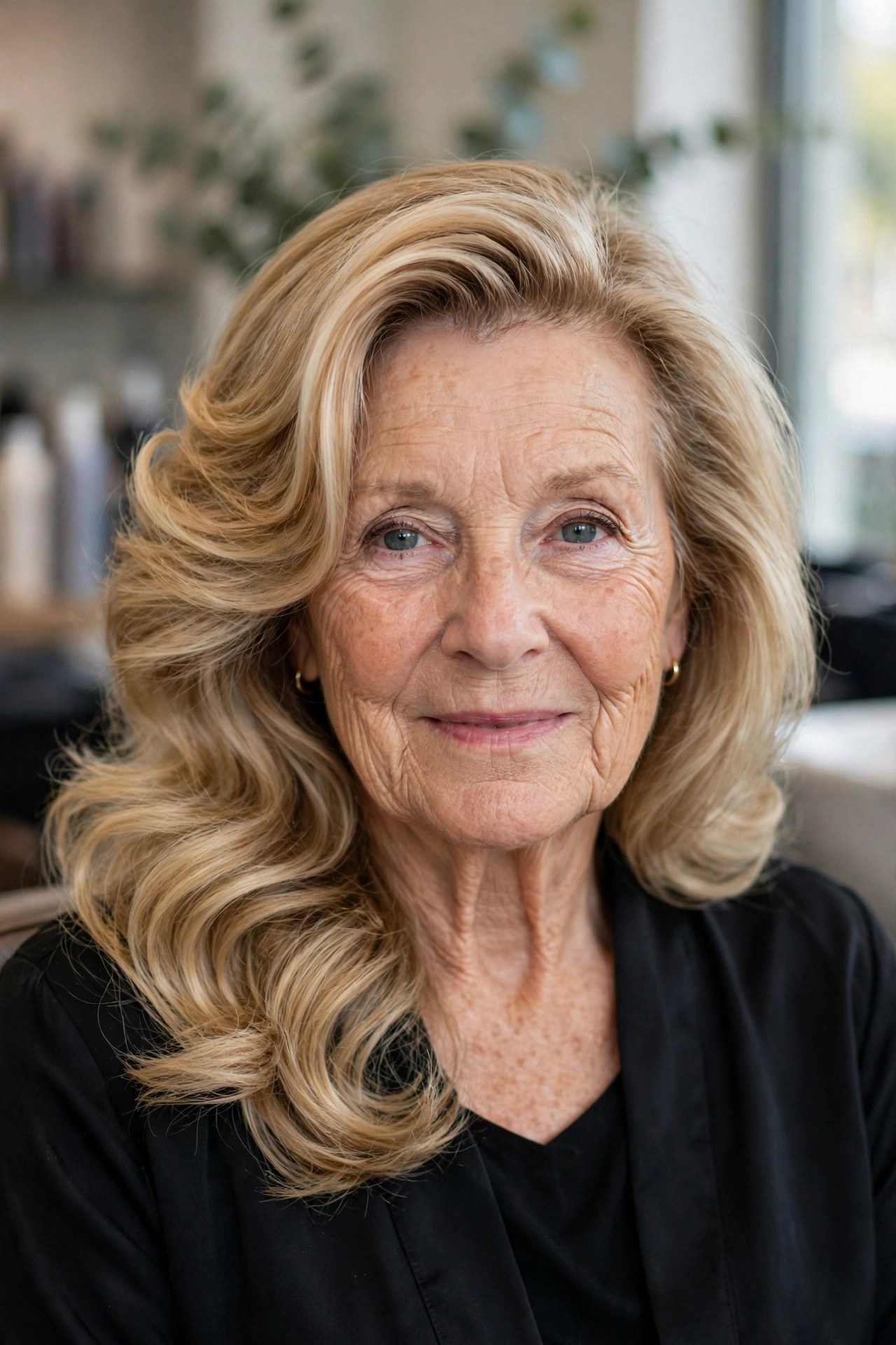 Shoulder-length perm with deep side sweep on a woman over 60 with honey blonde hair