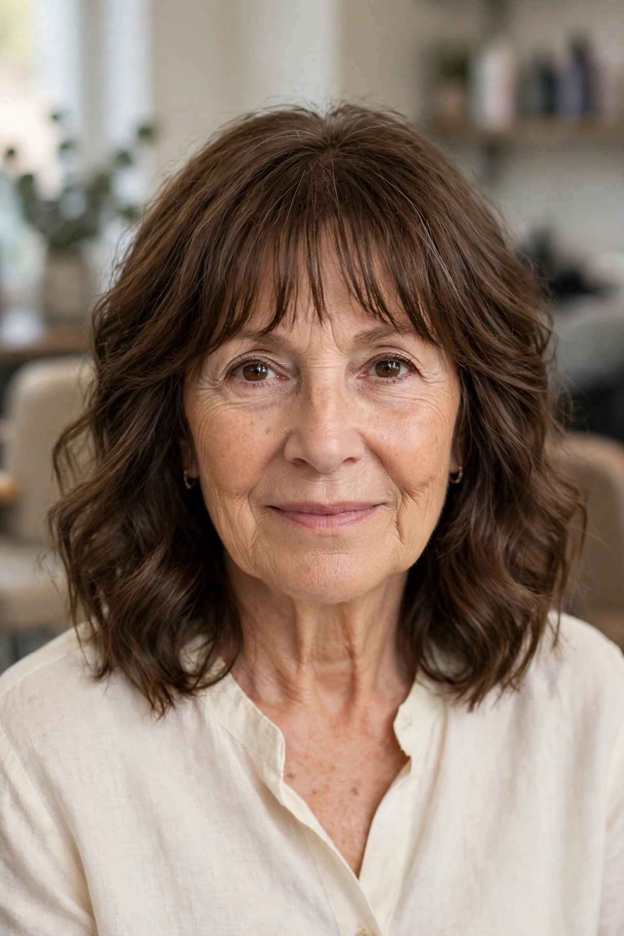Perm lob with bottleneck bangs on a woman over 60 with medium brown hair