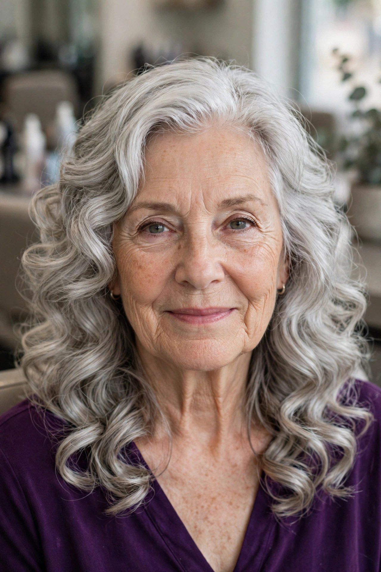 Silver loose spiral perm on a woman over 60 with full silver hair