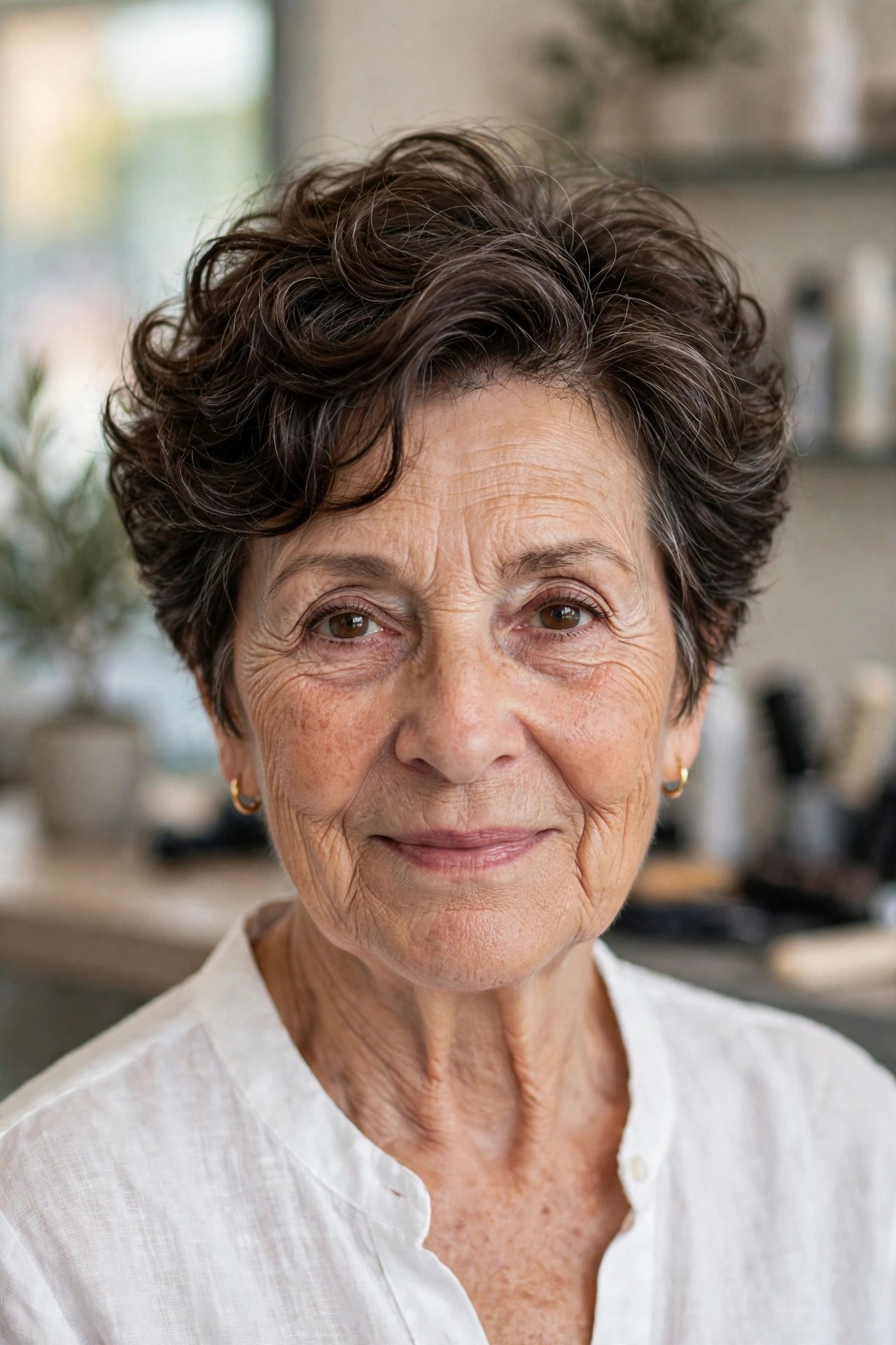Short perm with tapered sides on a woman over 60 with dark brown hair