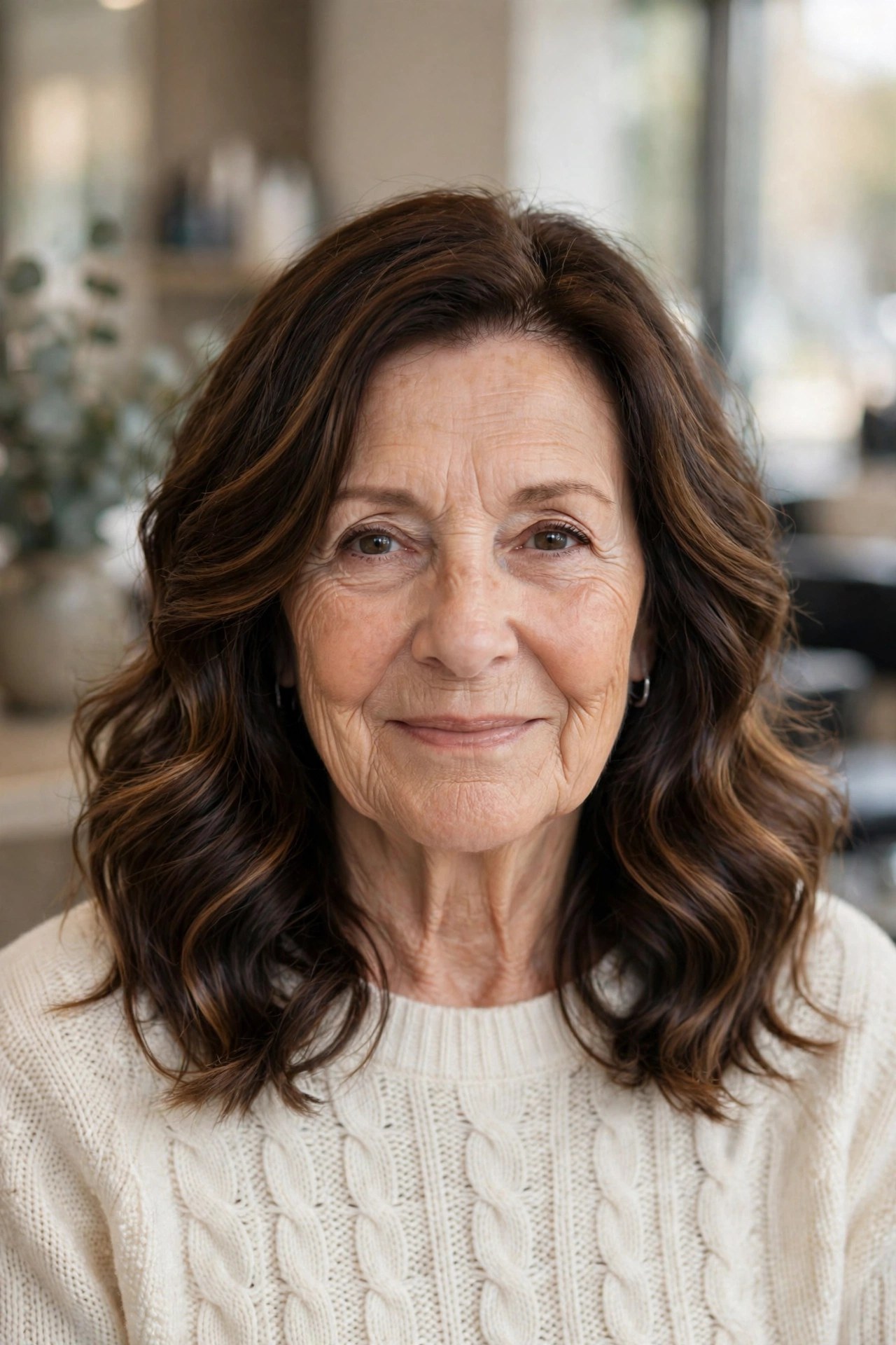 Loose digital perm lob on a woman over 60 with warm brunette hair