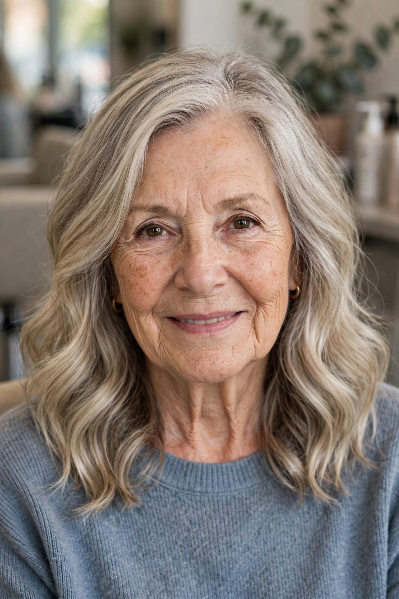 Easy grow-out perm lob on a woman over 60 with gray-blended blonde hair