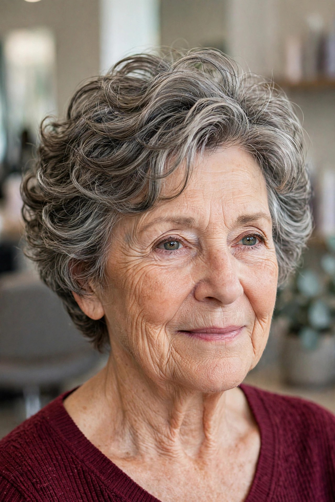 Short layered perm crop with crown lift on a woman over 60 with salt and pepper hair