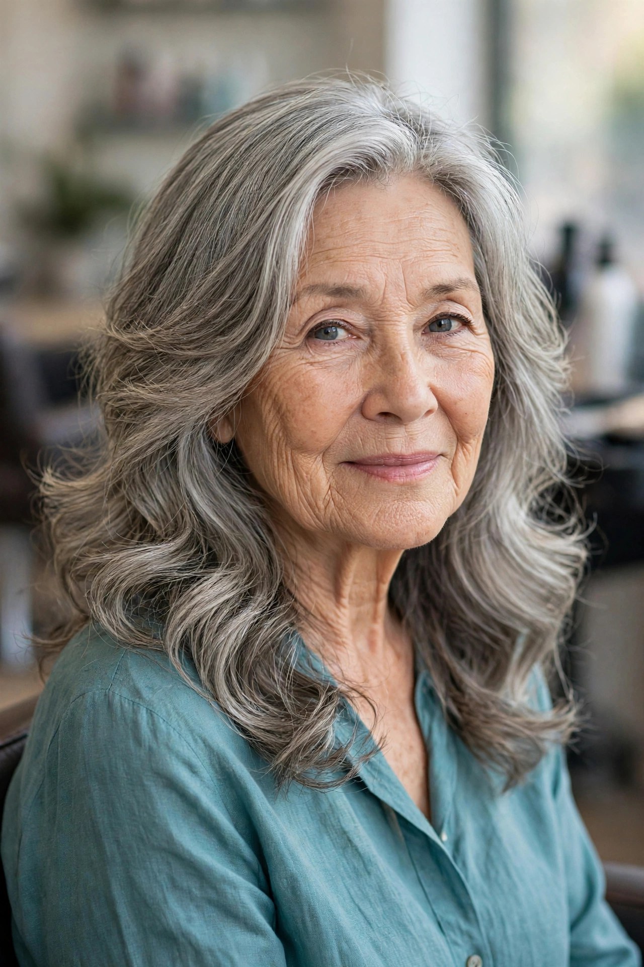 Shoulder-length perm with long layers on a woman over 60 with natural gray hair